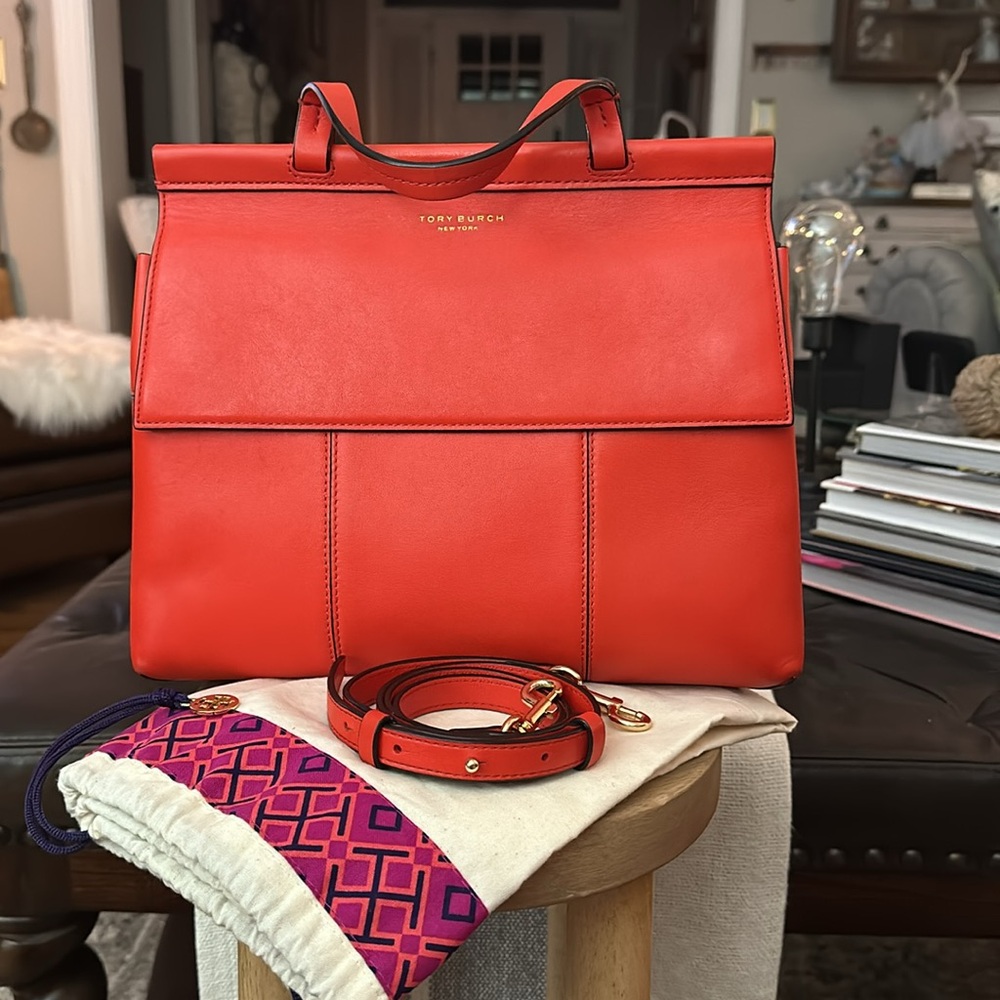 TORY BURCH Block T Leather Top Handle Crossbody Bag in Red, EUC - Picture 2 of 16